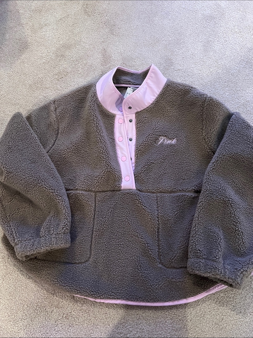 PINK Victoria's Secret Lt Brown with Mauve AccentsSherpa Pullover